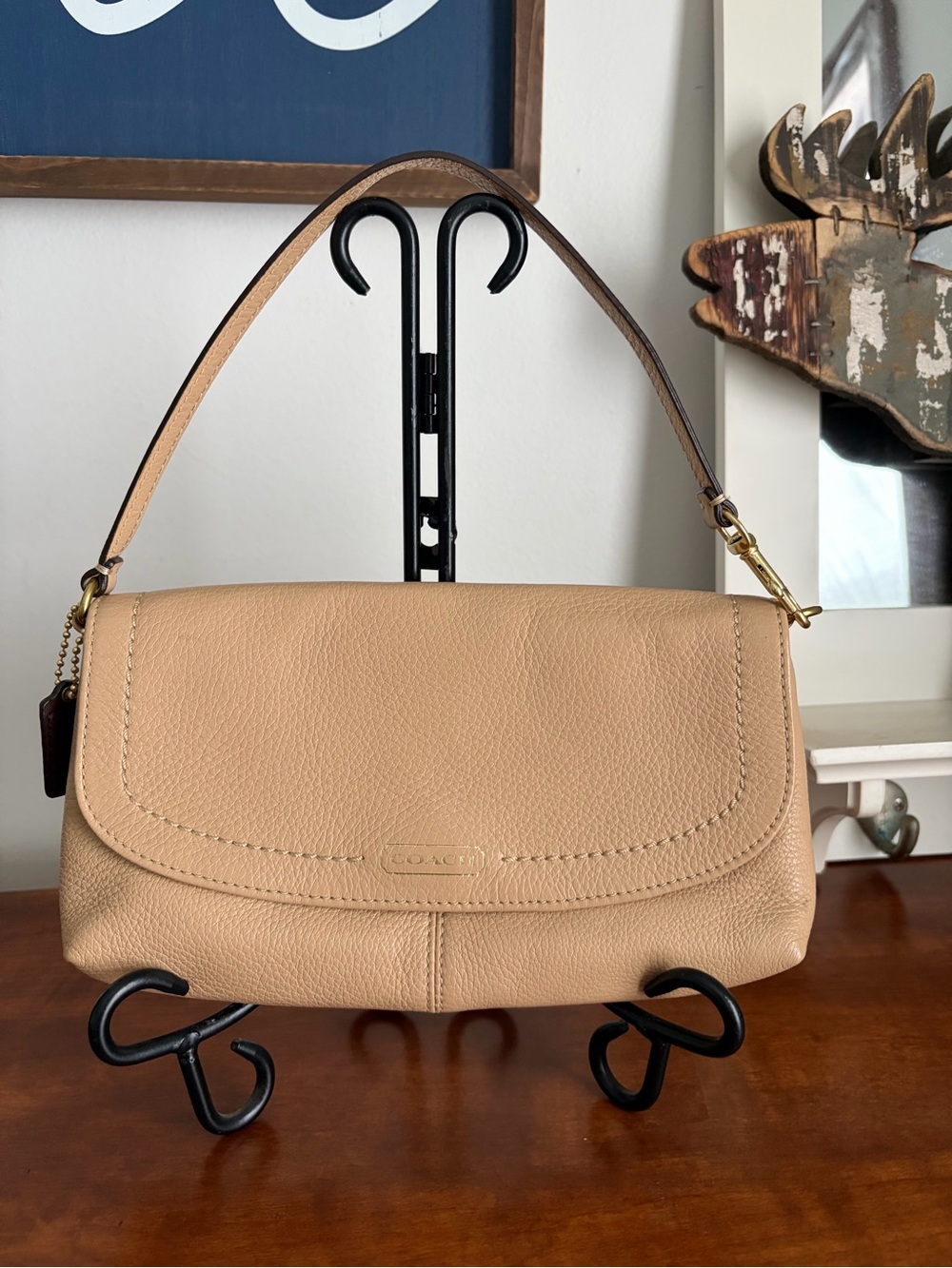 Coach Pebbled Leather Shoulder Bag in Beige-Tan with Gold Hardware